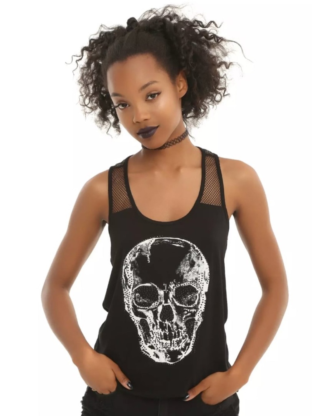Midnight Hour Rhinestone Skull Fishnet Back Girls Tank Top